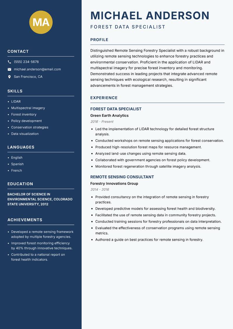 Remote Sensing Forestry Specialist resume template — Classic Clean