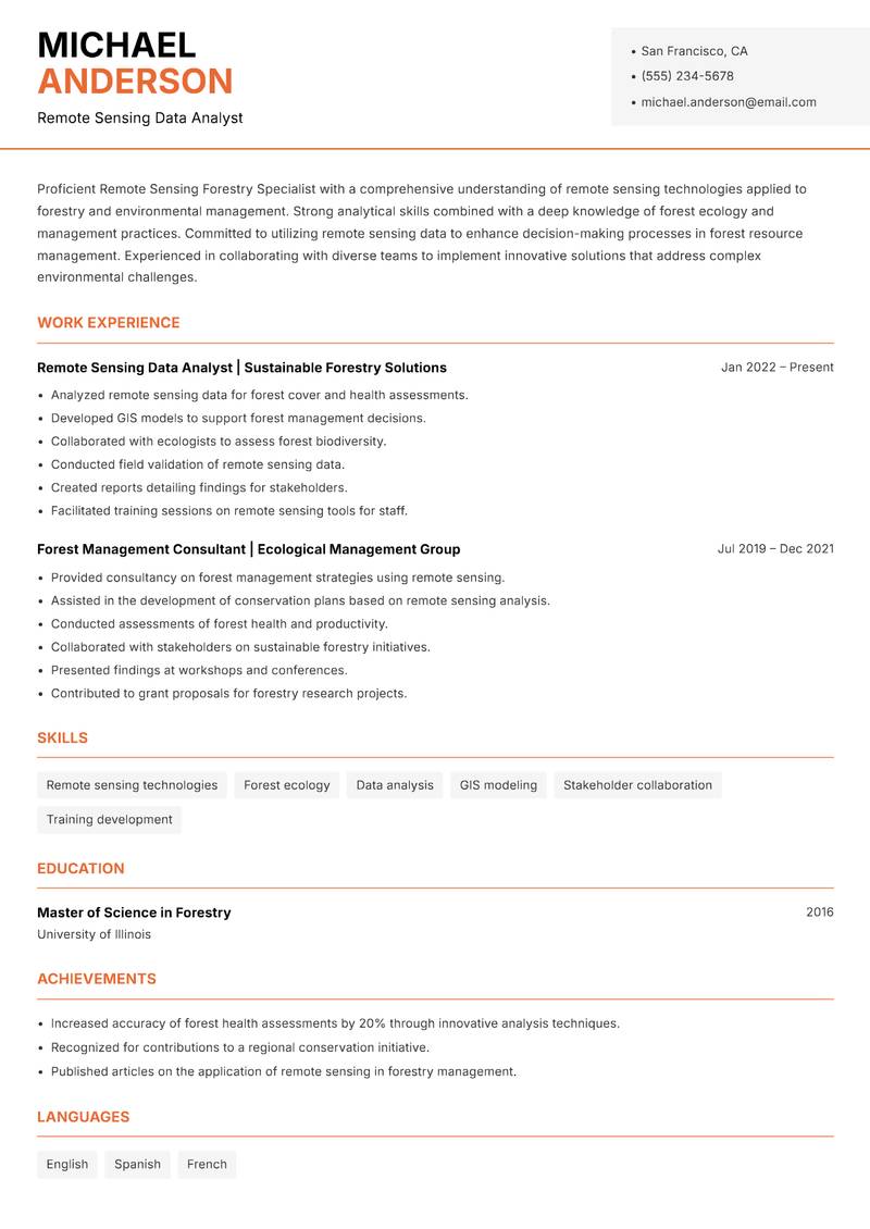 Remote Sensing Forestry Specialist resume template — Modern Professional