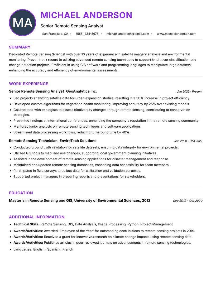 Remote Sensing Scientist resume example — ATS-friendly template