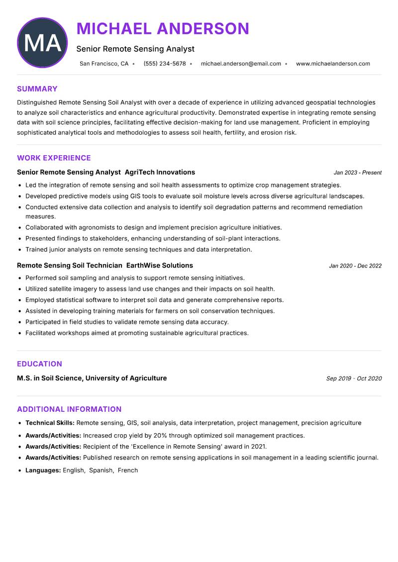 Remote Sensing Soil Analyst resume example — ATS-friendly template