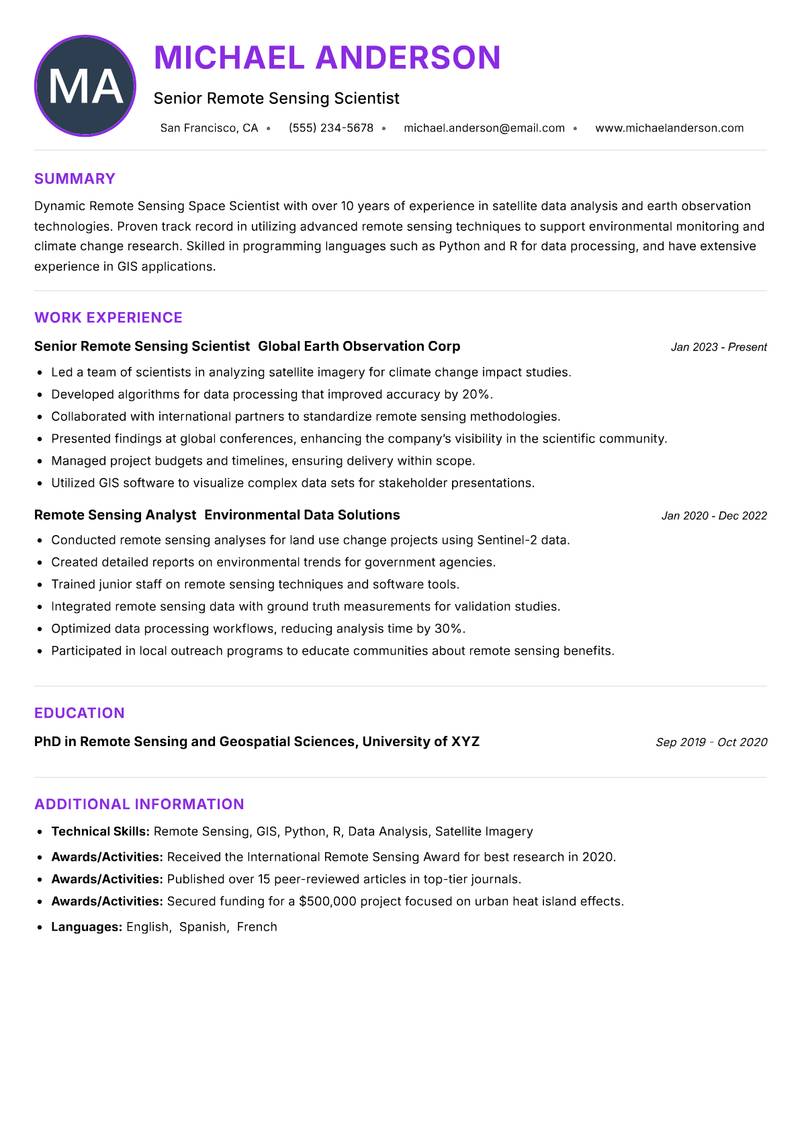 Remote Sensing Space Scientist resume example — ATS-friendly template