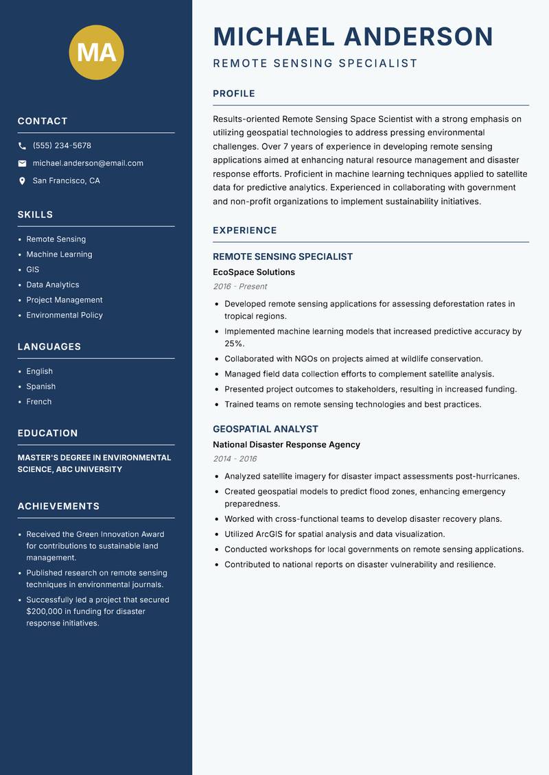 Remote Sensing Space Scientist resume template — Classic Clean