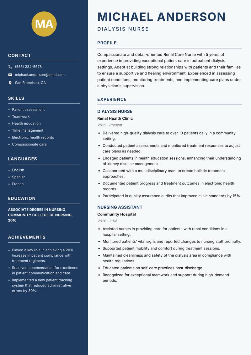 Renal Care Nurse resume template — Classic Clean