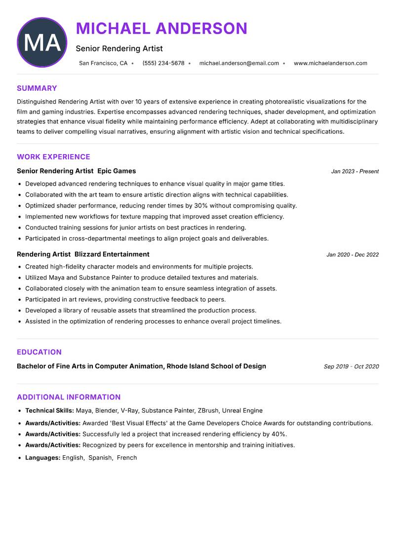 Rendering Artist resume example — ATS-friendly template