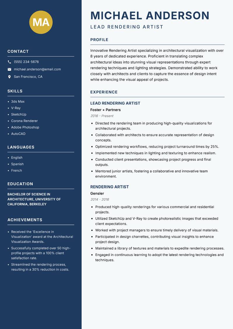 Rendering Artist resume template — Classic Clean