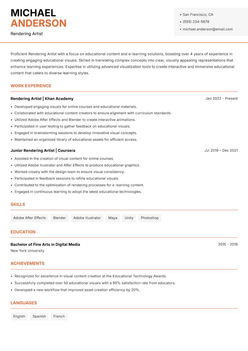 Rendering Artist resume template — Modern Professional
