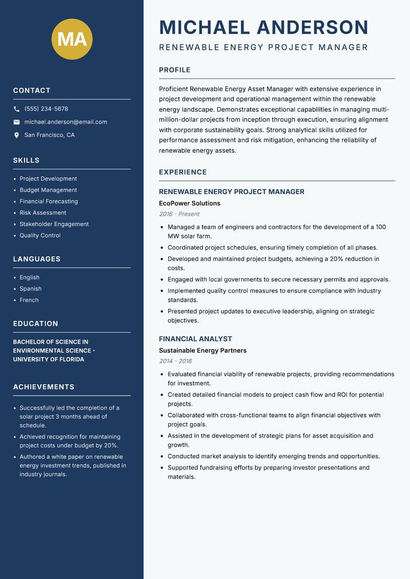 Renewable Energy Asset Manager resume template — Classic Clean