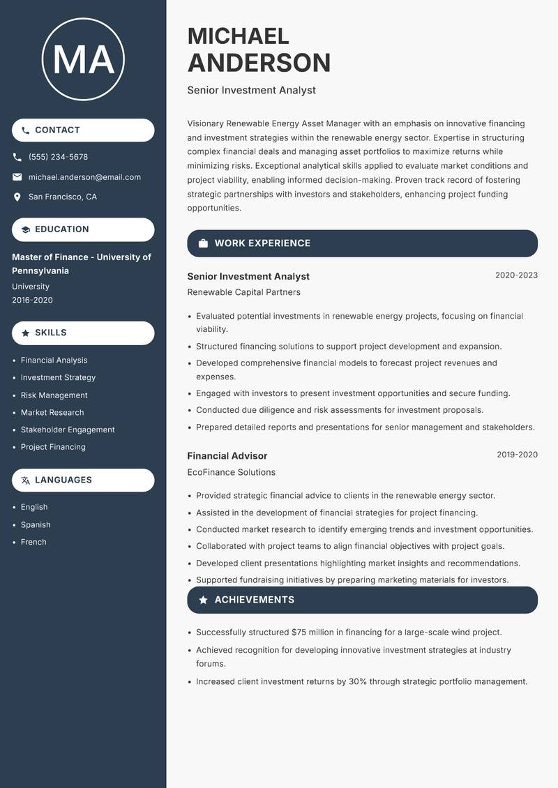 Renewable Energy Asset Manager resume template — Compact