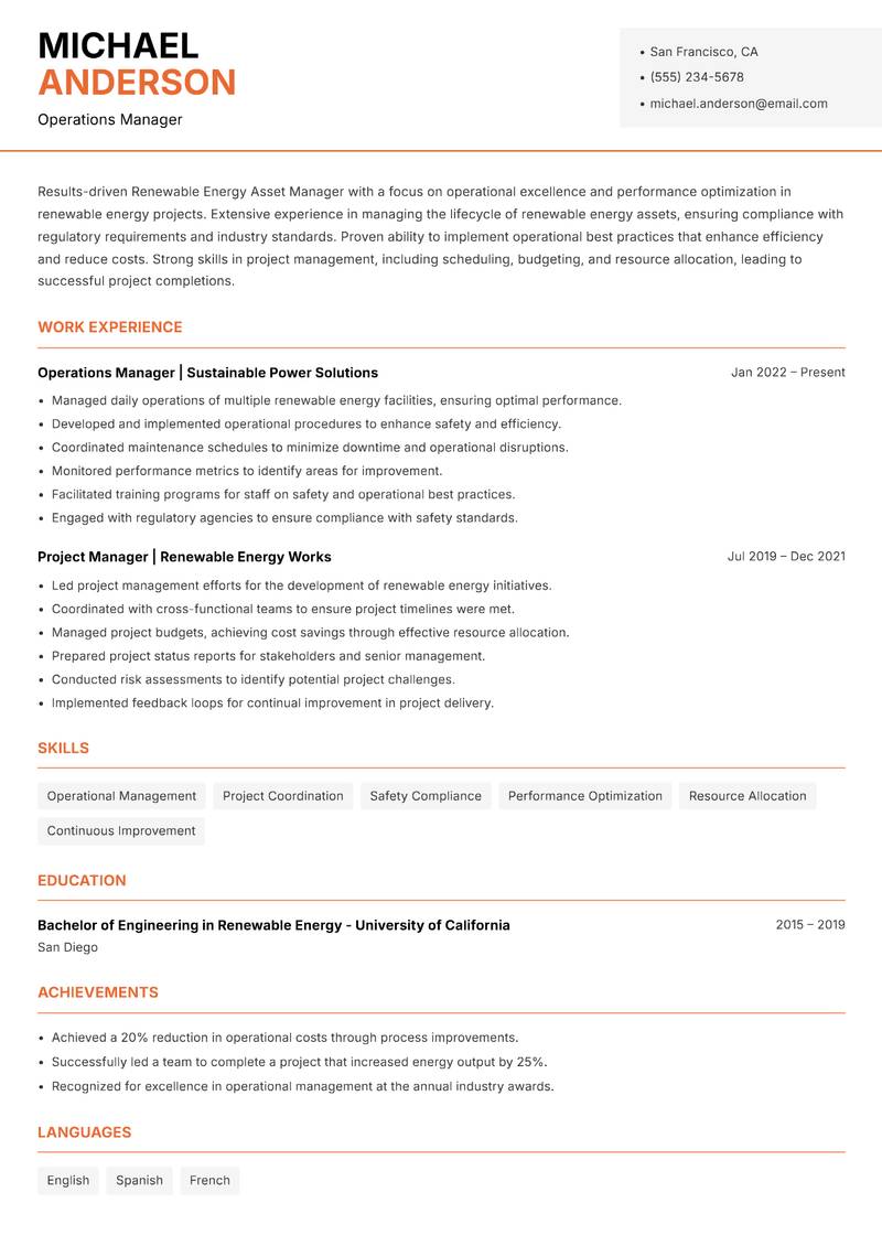 Renewable Energy Asset Manager resume template — Modern Professional