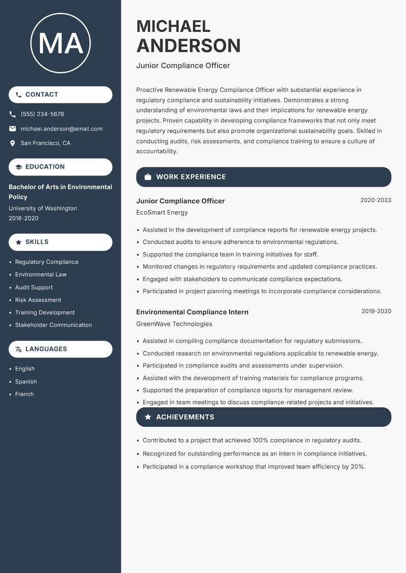 Renewable Energy Compliance Officer resume template — Compact