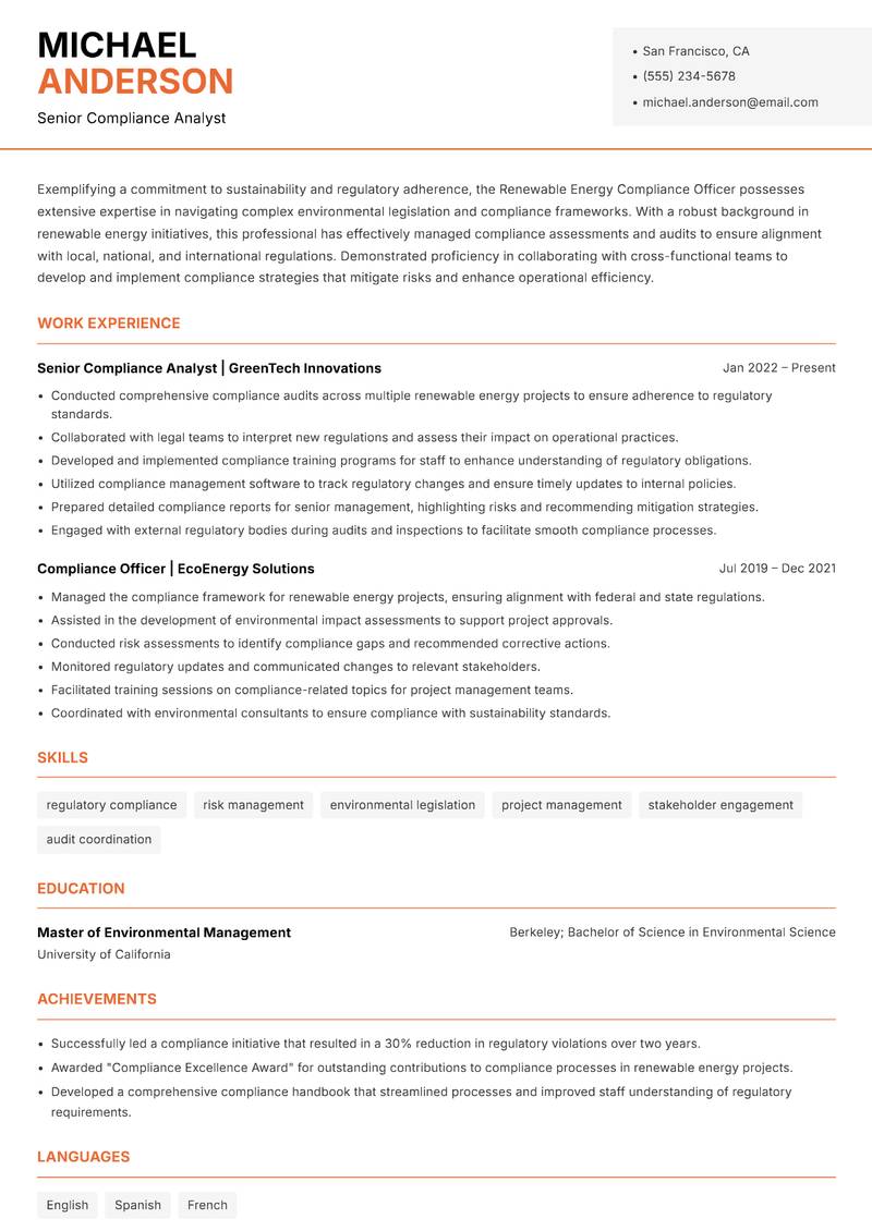 Renewable Energy Compliance Officer resume template — Modern Professional