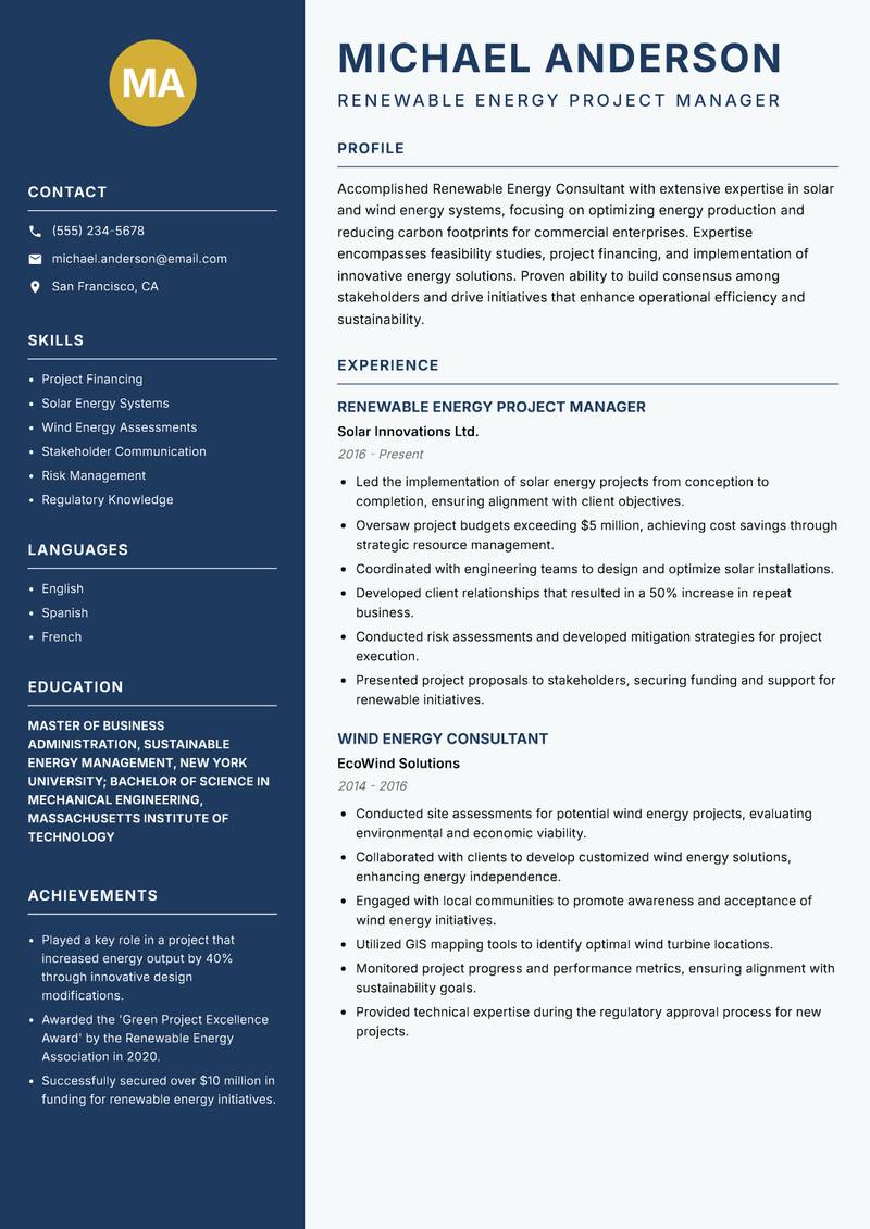 Renewable Energy Consultant resume template — Classic Clean