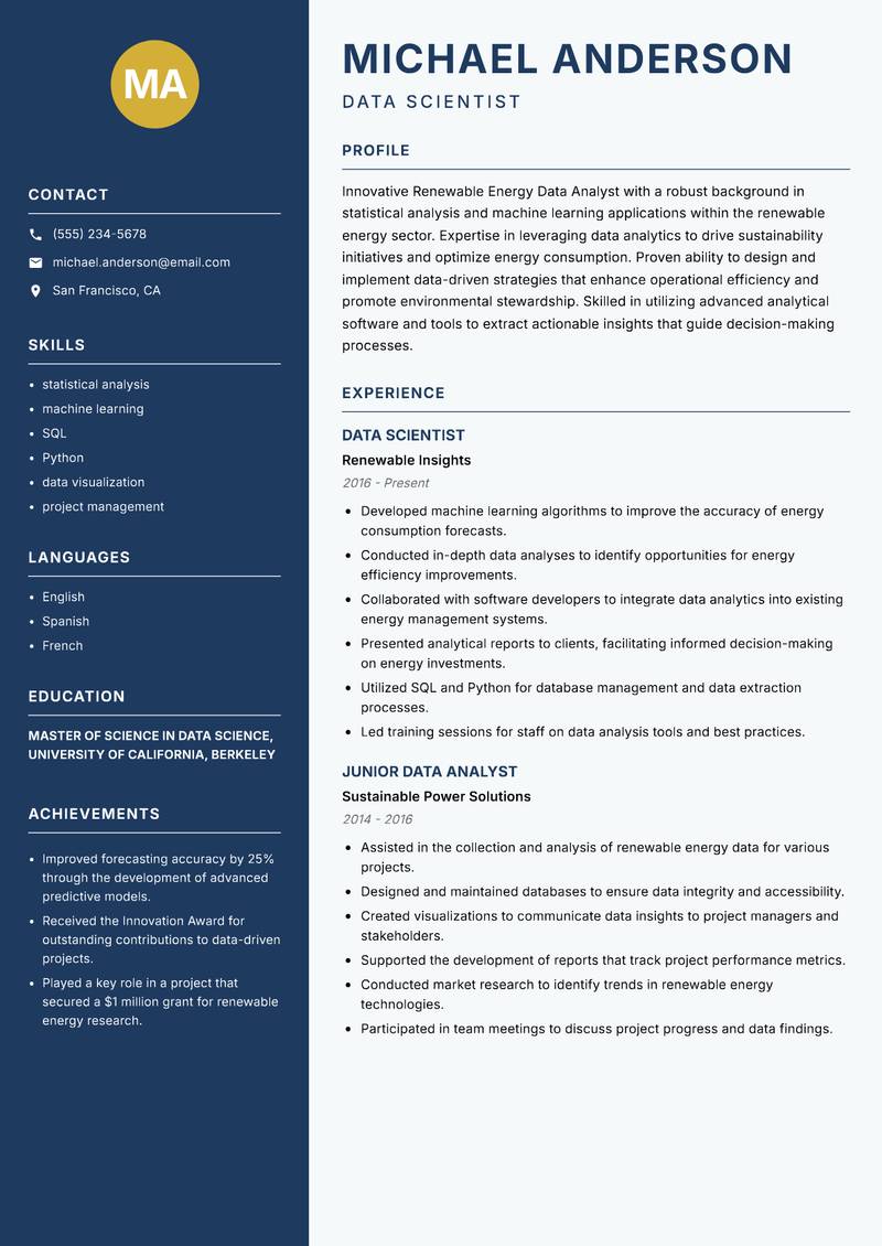 Renewable Energy Data Analyst resume template — Classic Clean