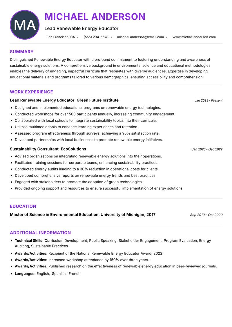 Renewable Energy Educator resume example — ATS-friendly template