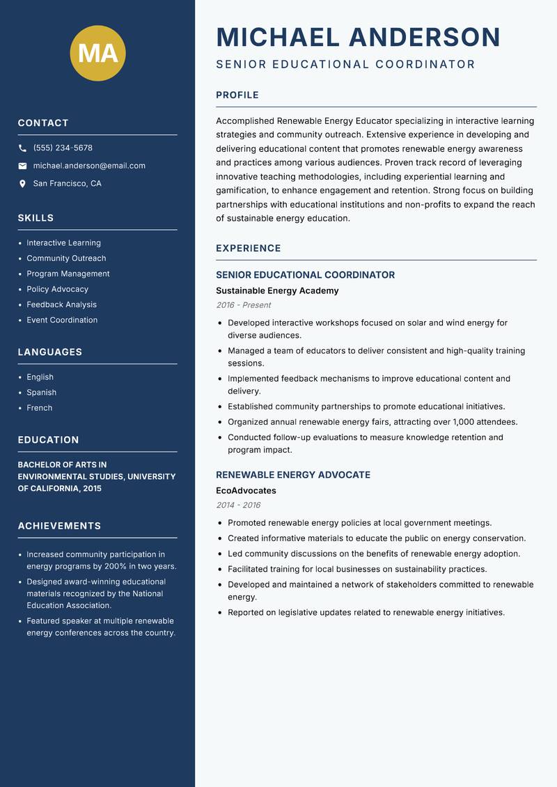 Renewable Energy Educator resume template — Classic Clean