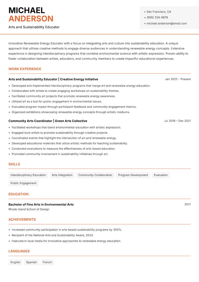 Renewable Energy Educator resume template — Modern Professional