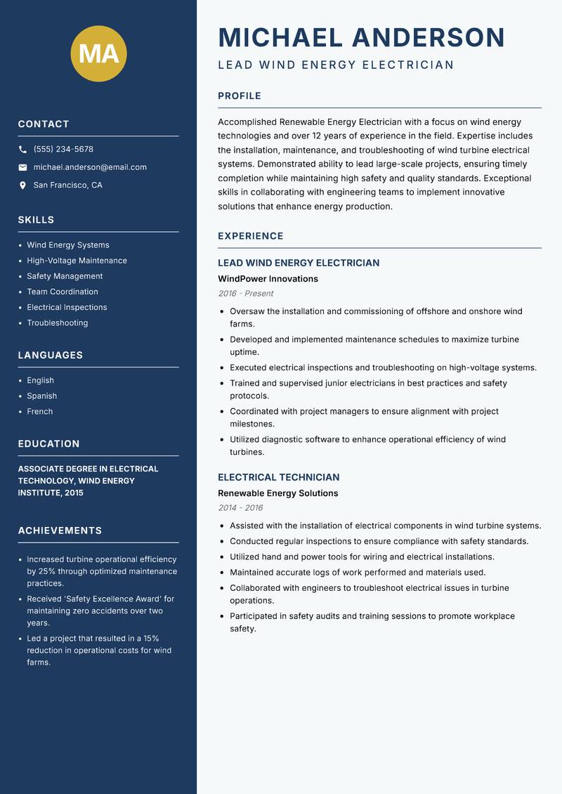 Renewable Energy Electrician resume template — Classic Clean