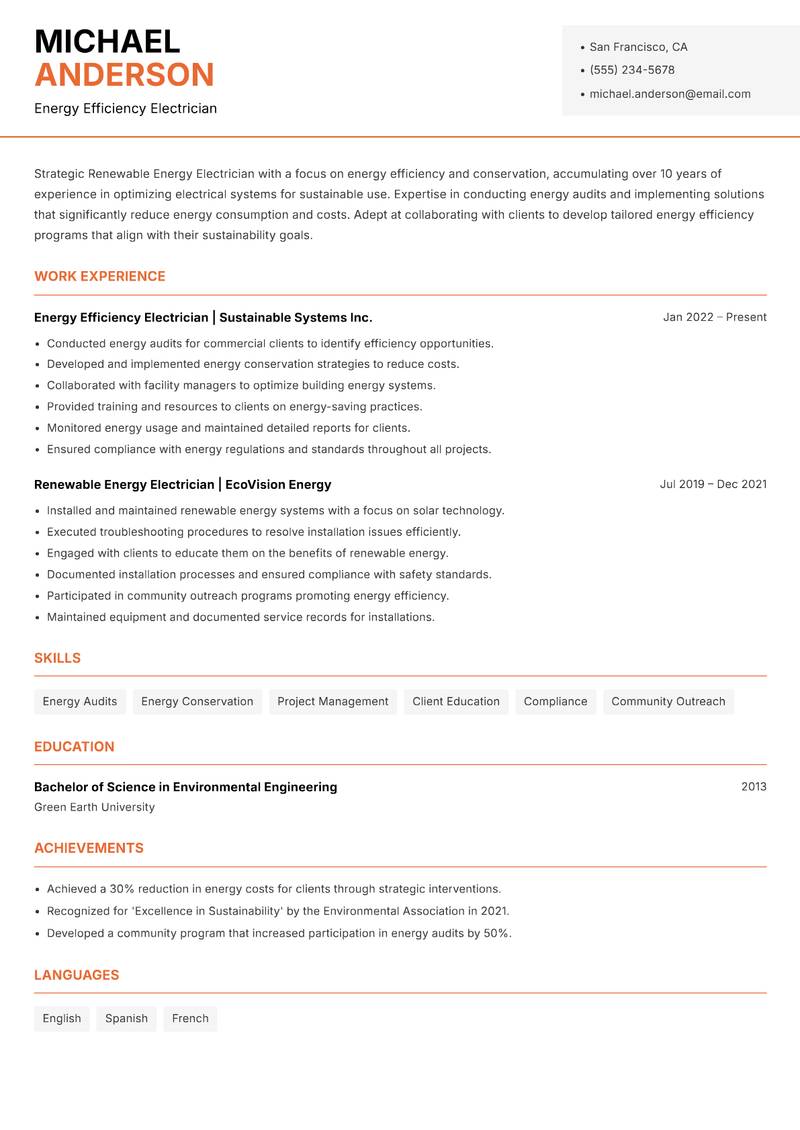 Renewable Energy Electrician resume template — Modern Professional