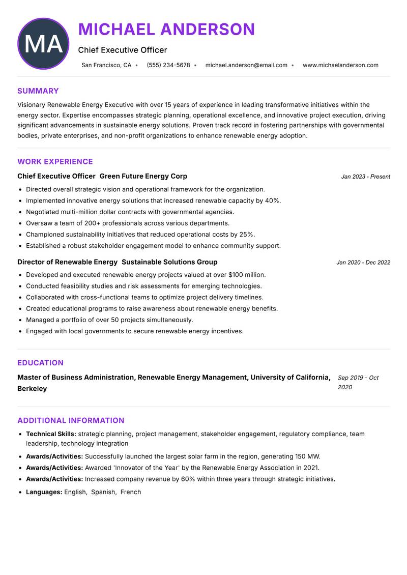 Renewable Energy Executive resume example — ATS-friendly template