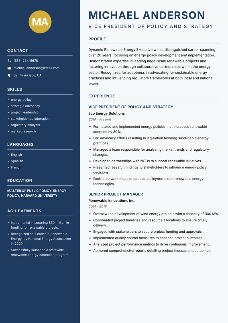 Renewable Energy Executive resume template — Classic Clean