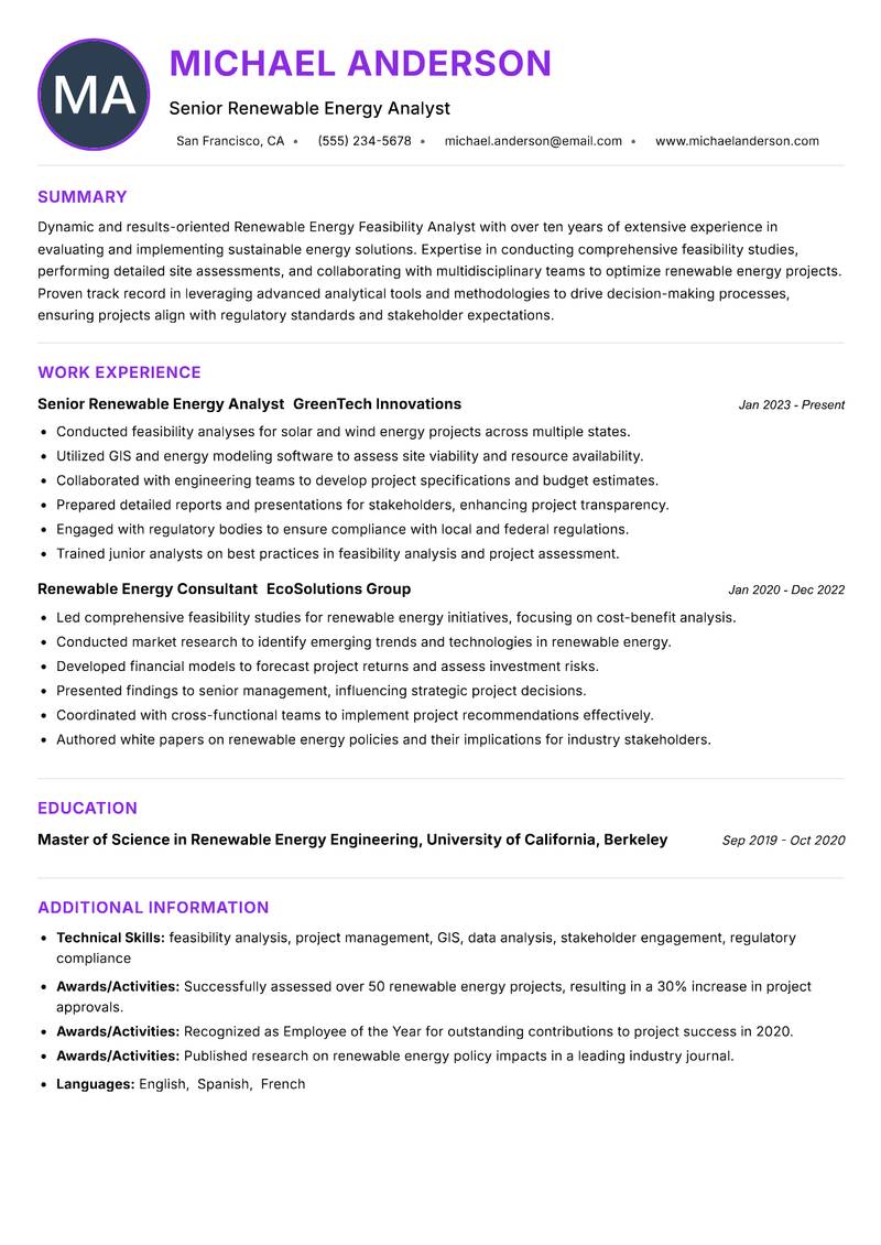 Renewable Energy Feasibility Analyst resume example — ATS-friendly template