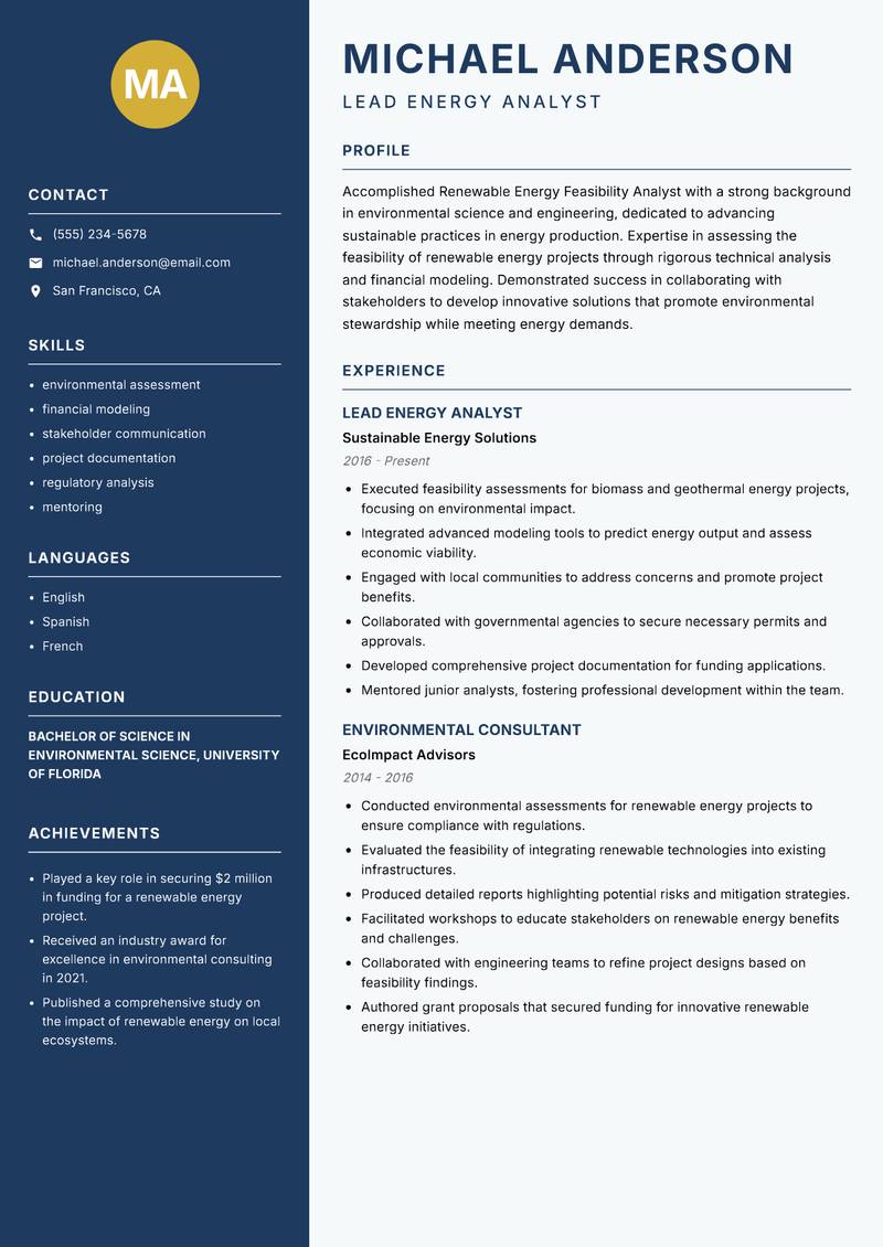 Renewable Energy Feasibility Analyst resume template — Classic Clean