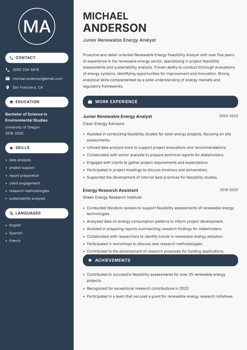 Renewable Energy Feasibility Analyst resume template — Compact