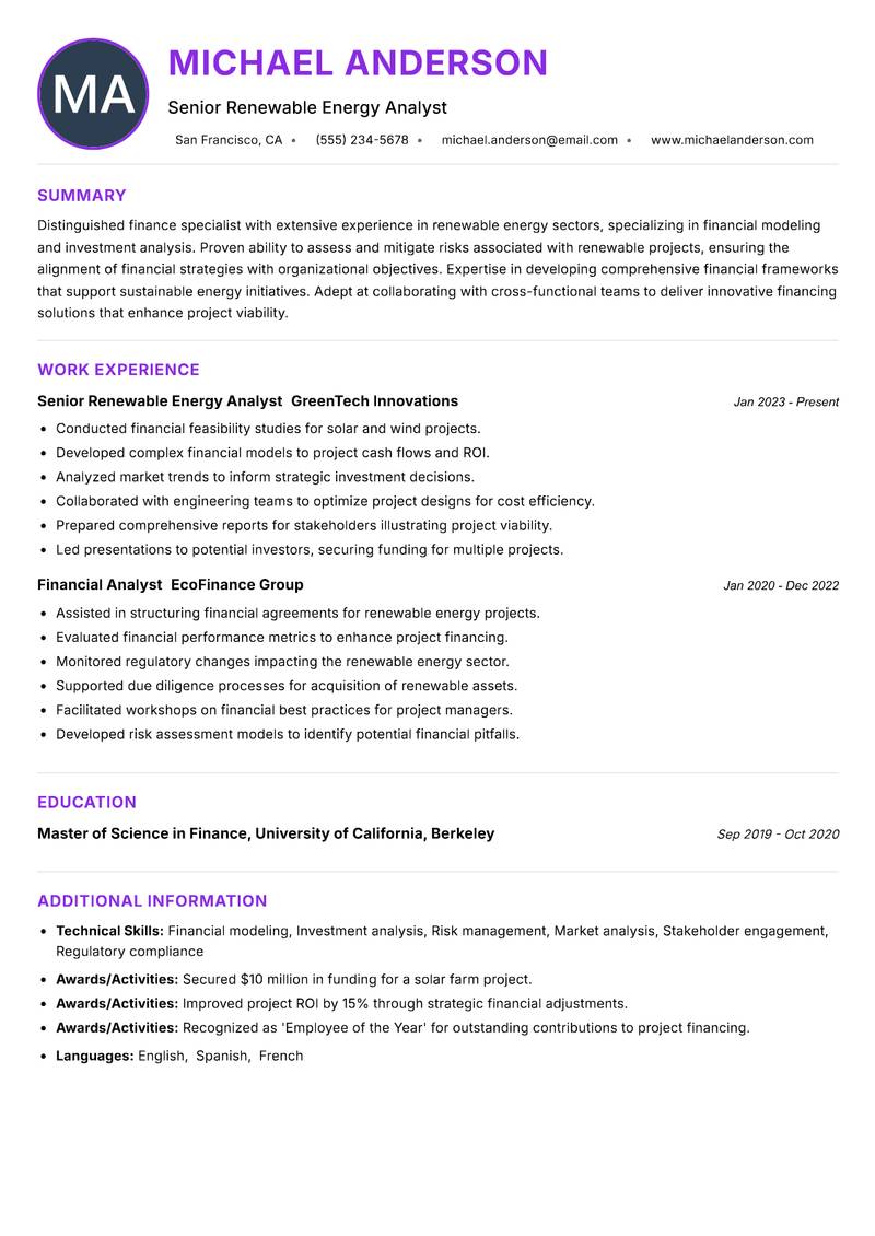 Renewable Energy Finance Analyst resume example — ATS-friendly template