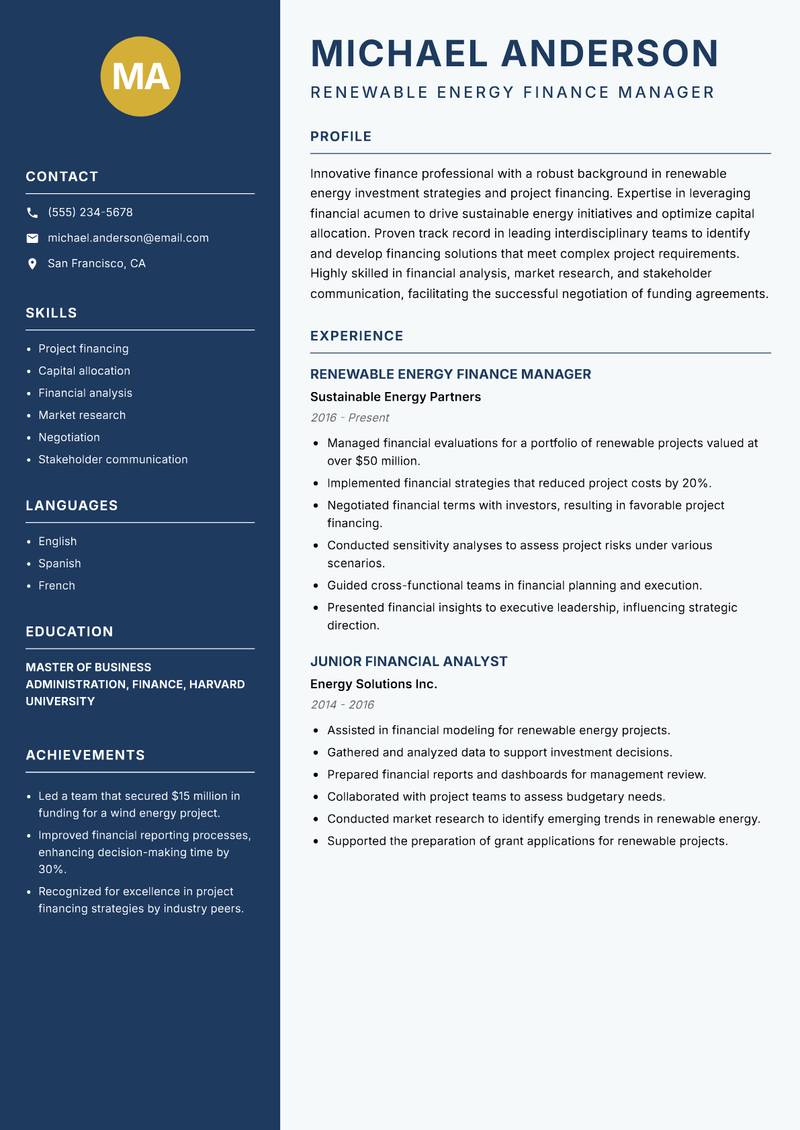 Renewable Energy Finance Analyst resume template — Classic Clean
