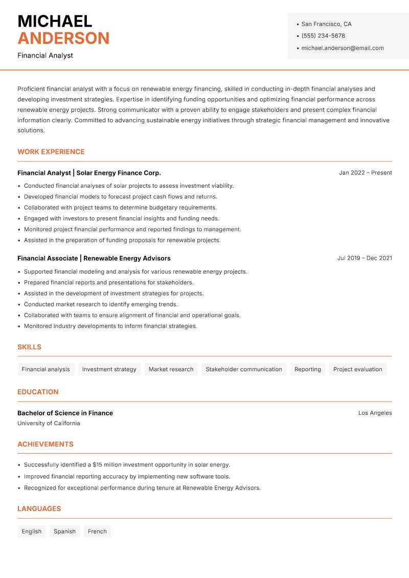 Renewable Energy Finance Analyst resume template — Modern Professional