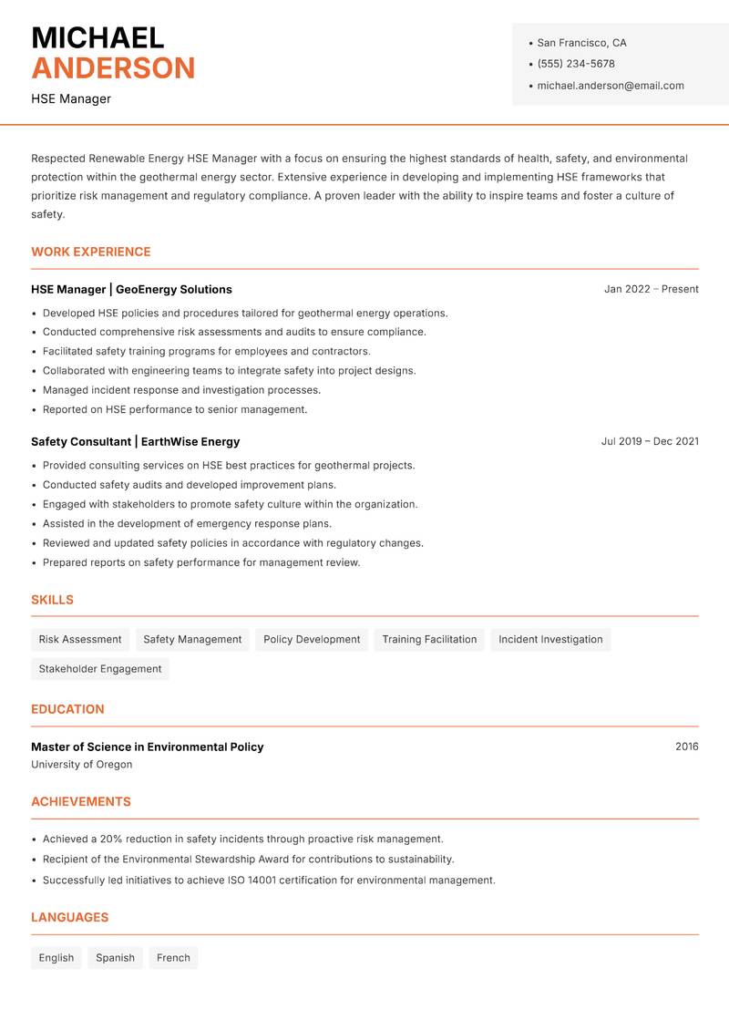 Renewable Energy HSE Manager resume template — Modern Professional