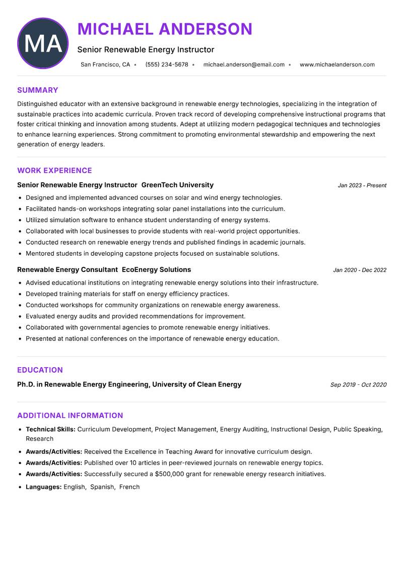 Renewable Energy Instructor resume example — ATS-friendly template