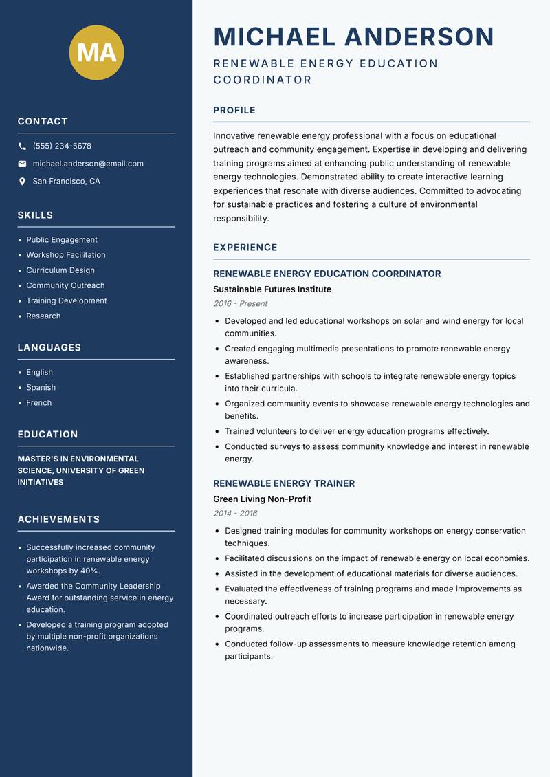 Renewable Energy Instructor resume template — Classic Clean