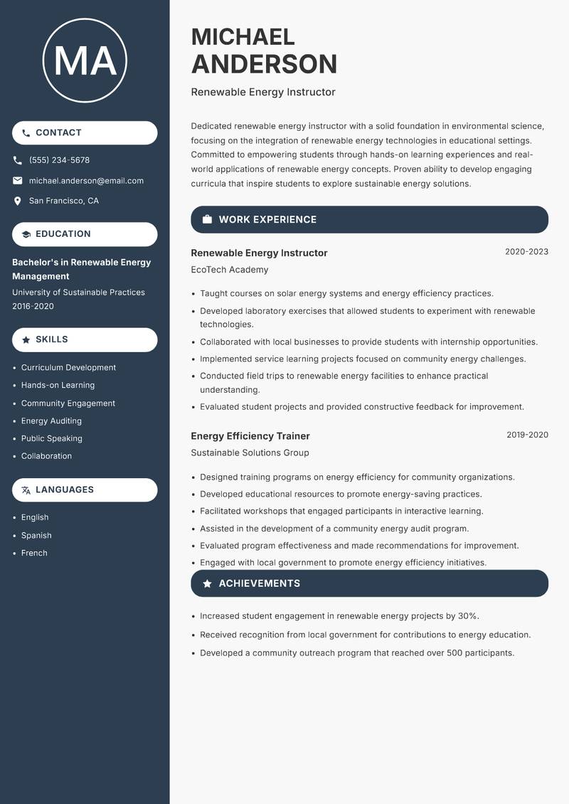 Renewable Energy Instructor resume template — Compact