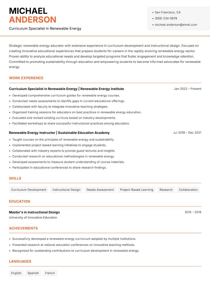 Renewable Energy Instructor resume template — Modern Professional