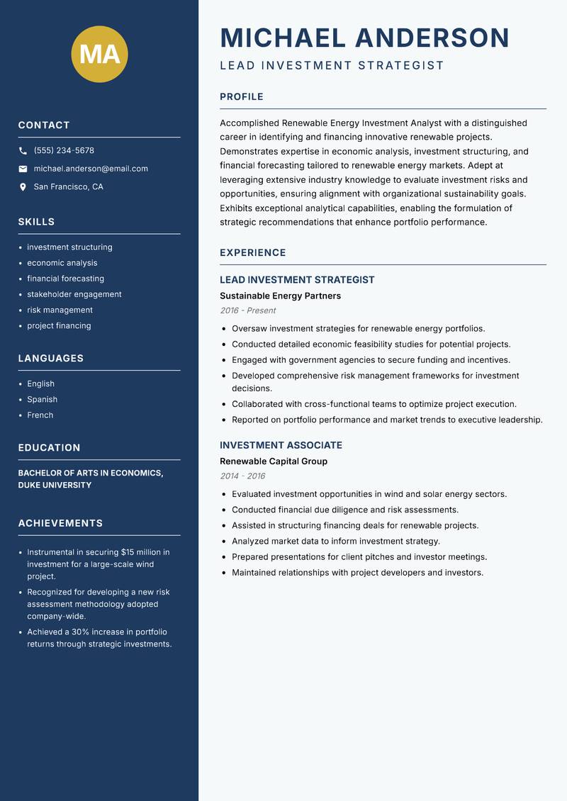 Renewable Energy Investment Analyst resume template — Classic Clean