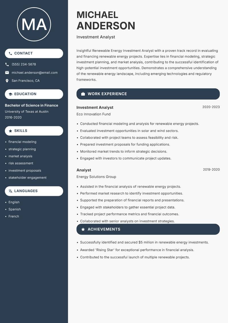 Renewable Energy Investment Analyst resume template — Compact