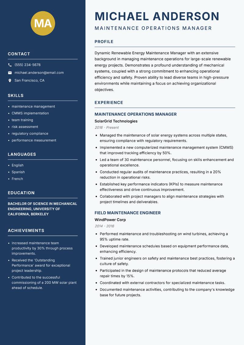 Renewable Energy Maintenance Manager resume template — Classic Clean