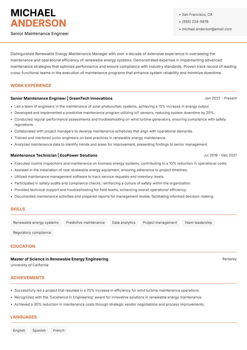 Renewable Energy Maintenance Manager resume template — Modern Professional