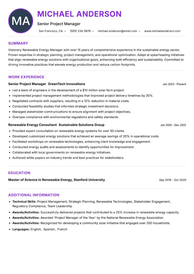 Renewable Energy Manager resume example — ATS-friendly template