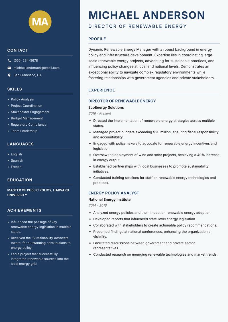 Renewable Energy Manager resume template — Classic Clean