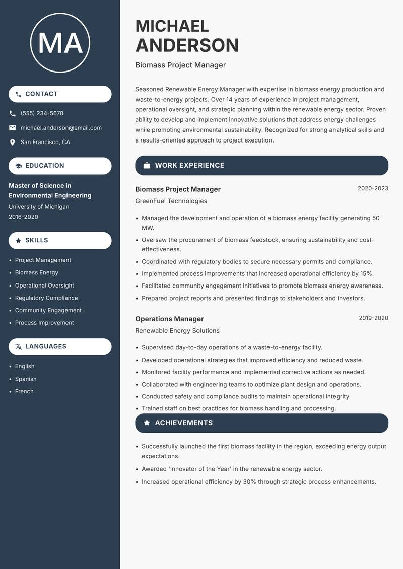 Renewable Energy Manager resume template — Compact