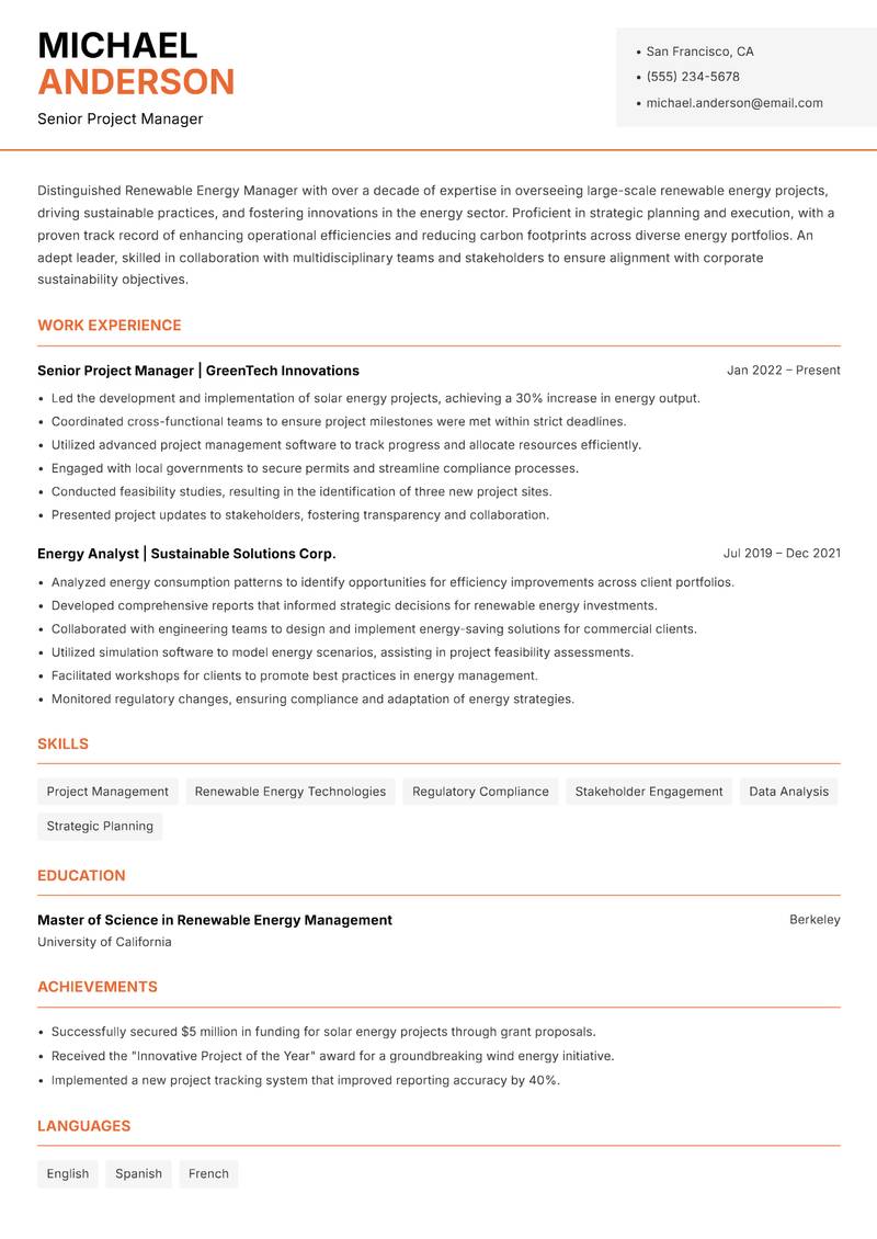 Renewable Energy Manager resume template — Modern Professional
