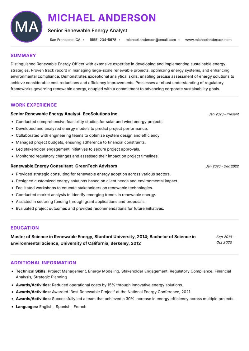 Renewable Energy Officer resume example — ATS-friendly template
