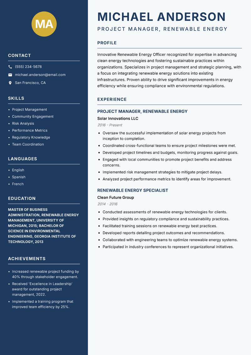 Renewable Energy Officer resume template — Classic Clean
