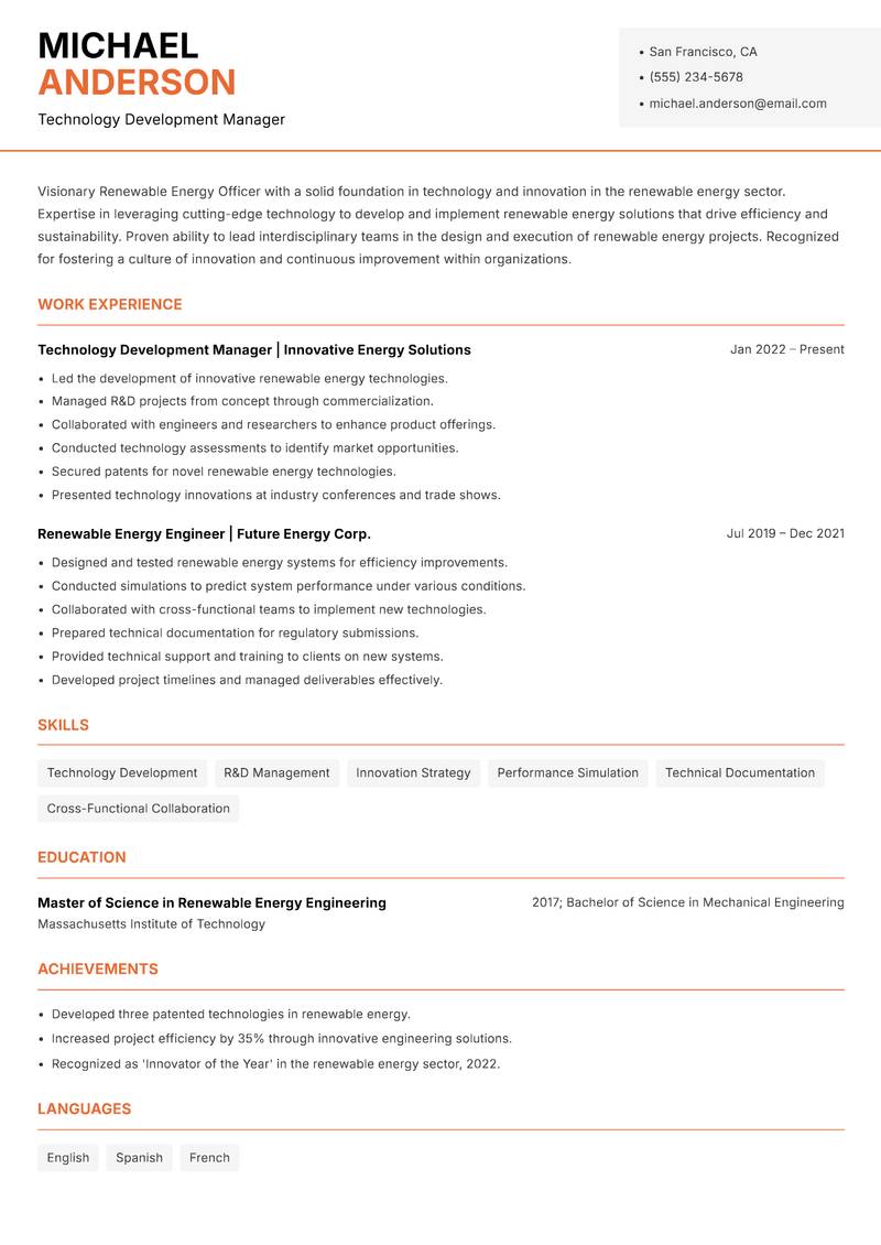 Renewable Energy Officer resume template — Modern Professional
