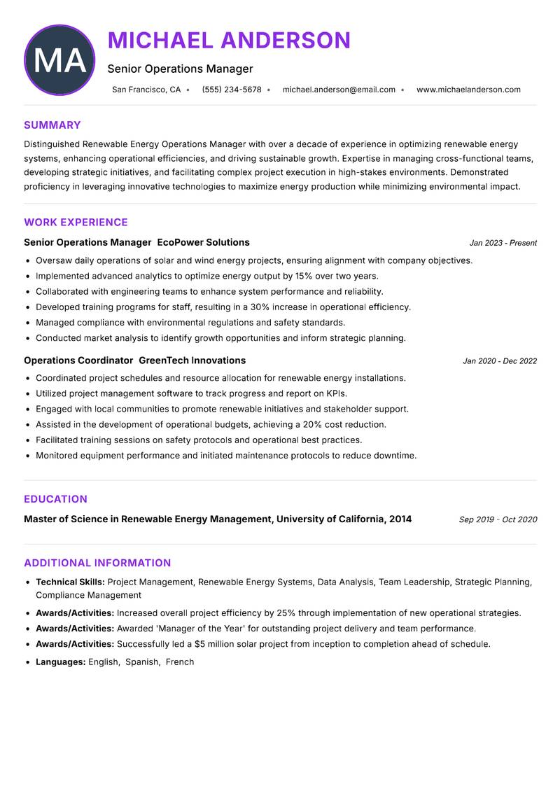 Renewable Energy Operations Manager resume example — ATS-friendly template