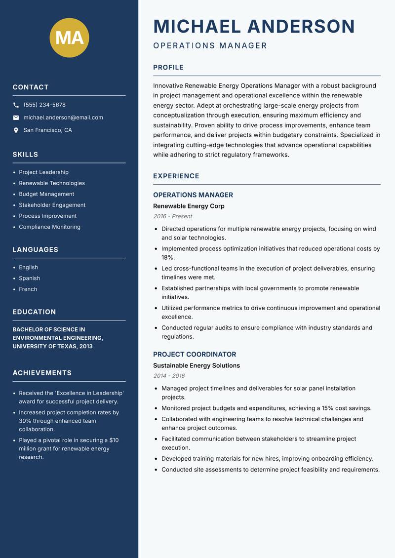 Renewable Energy Operations Manager resume template — Classic Clean