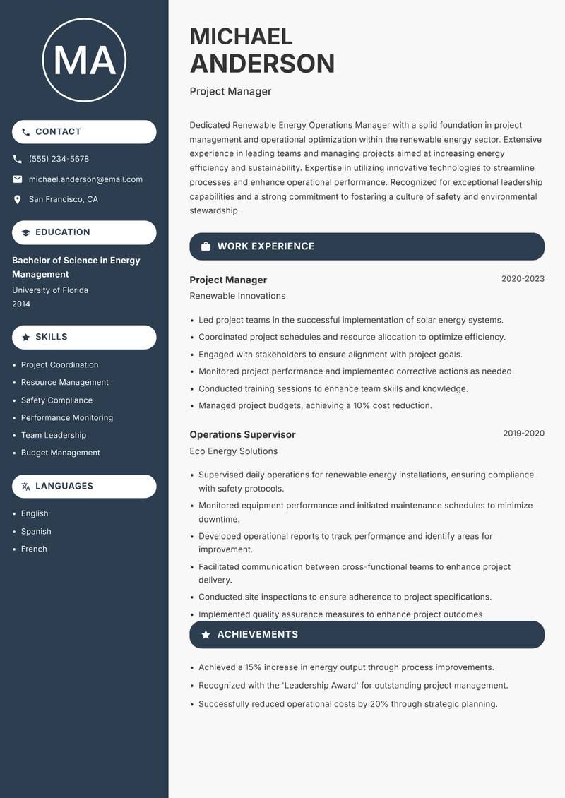 Renewable Energy Operations Manager resume template — Compact