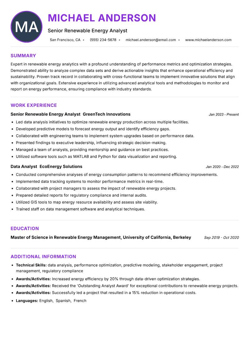 Renewable Energy Performance Analyst resume example — ATS-friendly template